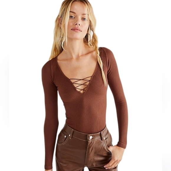 Free People Casual Friday ribbed lace Long Sleeve cappuccino brown large - Picture 1 of 10